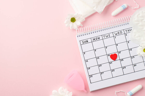 Вид сверху фото красного знака сердца на календаре ромашка цветочные почки менструальные чашки гигиенические прокладки и тампоны на изолированном розовом фоне пастель с пустым пространством