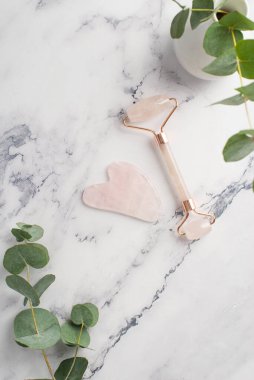 Okaliptüs gül sarmalı vazonun dikey resmi ve beyaz mermer arka planda gua sha