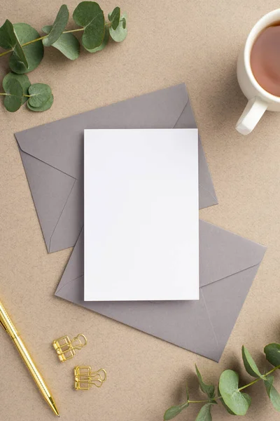 Workspace Concept Top View Vertical Photo Paper Sheet Two Grey — Stock Photo, Image