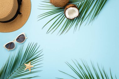 Summer concept. Top view photo of hat coconuts stylish sunglasses starfish and palm leaves on isolated pastel blue background with copyspace