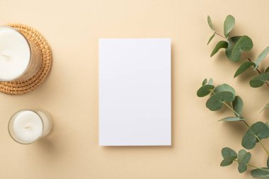 Rat plasemat üzerinde kağıt yaprak mum ve izole edilmiş bej arkaplan okaliptüs fotoğraf kopyalanmış