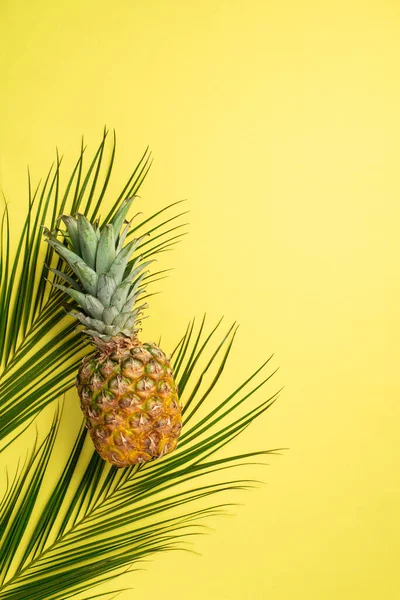 Yaz kavramı. İzole edilmiş sarı arkaplanda ananas ve palmiye yapraklarının üst görünümü