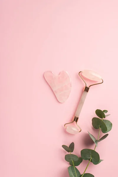 Beauty Procedure Concept Top View Vertical Photo Eucalyptus Gua Sha — Stock Fotó