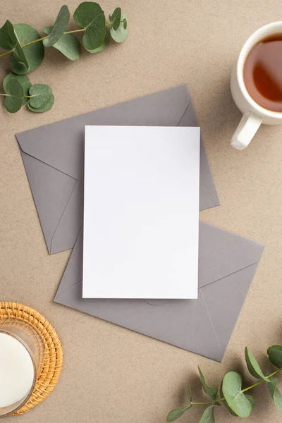 Workplace Concept Top View Vertical Photo Paper Sheet Two Grey — Stock Photo, Image
