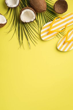 Yaz tatili konsepti. Sarı çizgili terliklerin dikey fotoğrafı. Hindistan cevizleri ve yeşil palmiye yaprakları. İzole edilmiş sarı arka planda boş alan var.