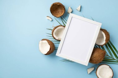 Yaz tatili konsepti. Çatlak hindistan cevizi ve palmiye yaprakları üzerinde beyaz fotoğraf çerçevesinin üst görünümü boş arkaplan ile izole açık mavi arkaplan