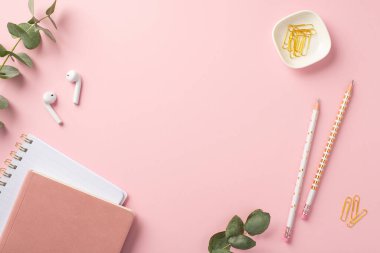 İş konsepti. Çalışma yerinin üst görüntüsü pembe fotokopi kitapları kablosuz kulaklıklar kalem klipsleri ve izole edilmiş pembe arka plan üzerinde okaliptüs boş alan