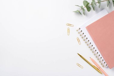 İş konsepti. İş yerinin en üst görüntüsü Pembe planlayıcılar boş arkaplan ile izole beyaz arka plan kalem ve okaliptüs klipler