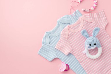 Bebek aksesuarları konsepti. Pembe ve mavi bebek kıyafetleri emzik zinciri ve izole edilmiş pastel arka planda örülmüş tavşan çıngırağı oyuncağı.
