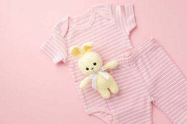 Bebek aksesuarları konsepti. Pembe bebek gömleği şortu ve izole edilmiş pastel arka planda örülmüş tavşan oyuncağı.