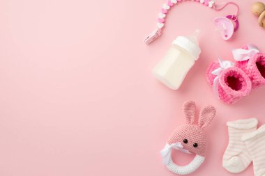 Bebek aksesuarları konsepti. Üst görüntüde küçük pembe ayakkabılar örülmüş tavşancık çıngırak oyuncak emzik zinciri tahta çıngırak ve şişe izole edilmiş pastel pembe arka planda