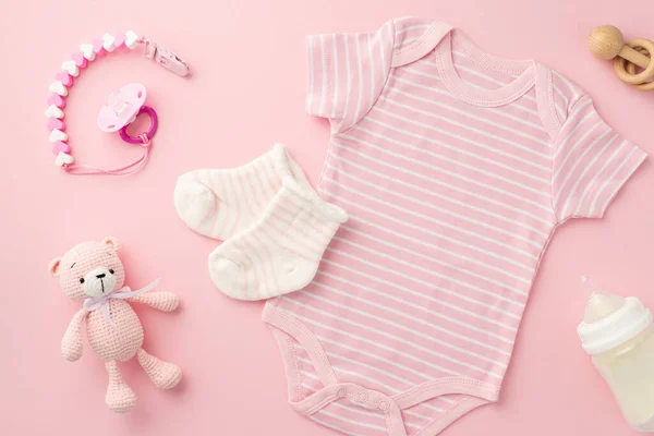 Concepto Accesorios Para Bebés Foto Vista Superior Ropa Infantil Rosa — Foto de Stock