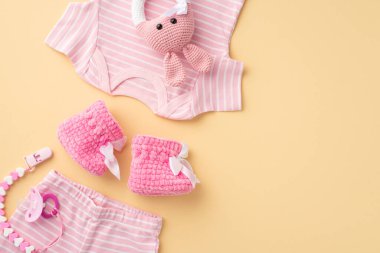 Bebek konsepti. Bebek kıyafetlerinin üst görüntüsü pembe gömlekli külotlar emzik zinciri ve izole edilmiş pastel bej arka planda örülmüş tavşan çıngıraklı oyuncak.