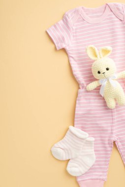 Bebek konsepti. Pembe gömlekli çorapların dikey fotoğrafı ve izole edilmiş pastel arka planda örülmüş tavşan oyuncağı.