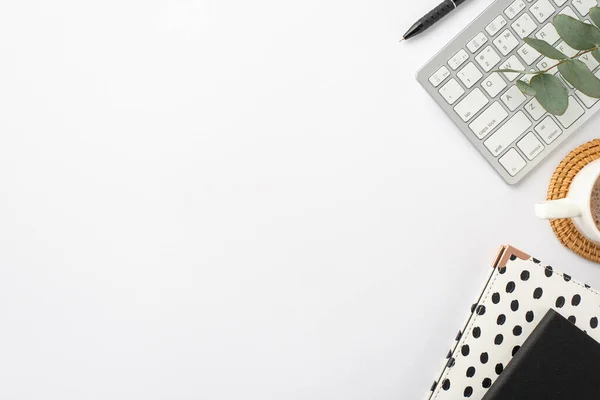 Business Concept Top View Photo Workplace Keyboard Black White Trendy — Stock Photo, Image