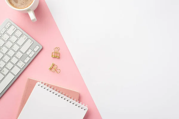 Business Concept Top View Photo Workstation Keyboard Note Pads Gold — Stock Photo, Image