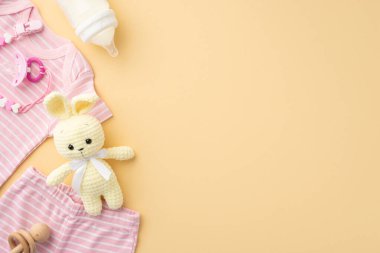 Bebek aksesuarları konsepti. Pembe gömlekli külot örülmüş oyuncak emzik şişesi ve izole edilmiş pastel bej arka planda ahşap çıngırak.