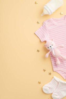 Bebek aksesuarları konsepti. Bebek kıyafetlerinin dikey fotoğrafı. Pembe beden giysisi. Küçük çoraplar. Oyuncak ayı örgüsü.