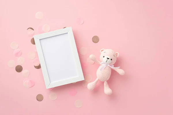 Babymädchenkonzept Foto Von Oben Von Fotorahmen Gestricktes Teddybär Spielzeug Und — Stockfoto