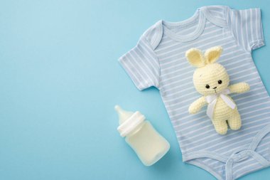 Bebek aksesuarları konsepti. Örgü ören tavşanın üst görüntüsü mavi beden ve süt şişesi izole edilmiş pastel mavi arka planda.