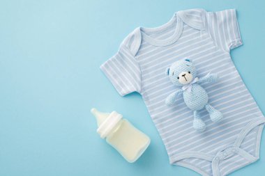 Bebek aksesuarları konsepti. Üstten bakıldığında mavi tulum örülmüş oyuncak ayı ve süt şişesinin izole edilmiş pastel mavi arka planda fotoğrafı.