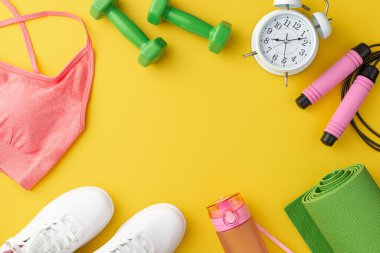 Spor aksesuarları konsepti. Üst görüntüde pembe spor sutyen beyaz ayakkabılar ip atlayan su dambılı halter şişesi izole edilmiş sarı zemin üzerinde çalar saat egzersizi ortası kopyalanmış