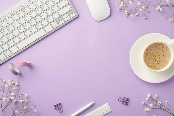 Top view photo of keyboard computer mouse cup of coffee on saucer pen ruler binder clips adhesive tape and white gypsophila flowers on isolated pastel violet background with copyspace in the middle