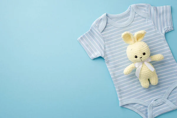 Baby Boy Concept Top View Photo Knitted Bunny Toy Blue — Foto de Stock