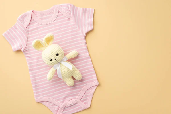 Baby Accessories Concept Top View Photo Knitted Bunny Toy Pink — Foto de Stock