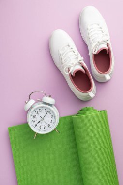 Fitness konsepti. Beyaz spor ayakkabılarının dikey resmi yeşil spor minder ve izole edilmiş pastel eflatun arka planda çalar saat.