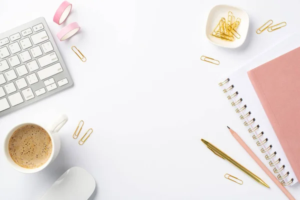 Business Concept Top View Photo Workplace Keyboard Computer Mouse Cup — Fotografia de Stock