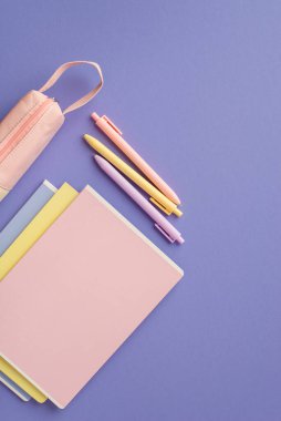 Okul konseptine geri dönelim. Renkli okul malzemelerinin dikey üst görüntüsü not defterleri, kalemler ve izole edilmiş menekşe arkaplan üzerine pembe kalem kutusu boş alan.