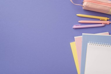 Okul konseptine geri dönelim. Renkli defterlerin, kalemlerin ve pembe kalem kılıflarının, izole edilmiş menekşe arkaplanının, telif boşluklu üst görünüm fotoğrafı