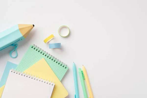 School Supplies Concept Top View Photo Colorful Stationery Blue Pencil — Stock Photo, Image