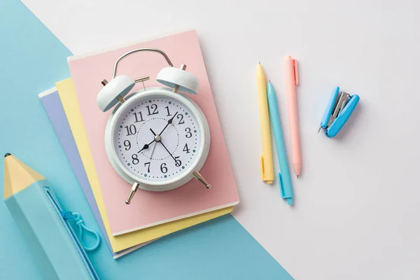 School Concept Top View Photo Alarm Clock Colorful Notebooks Pens — Stockfoto