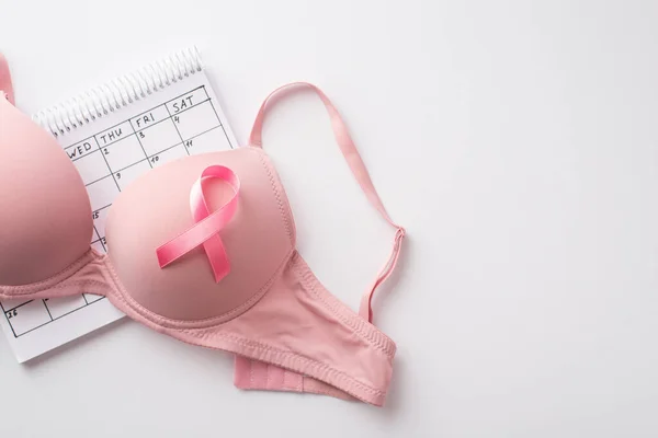 Breast Cancer Awareness Concept Top View Photo Pink Brassiere Pink — Zdjęcie stockowe
