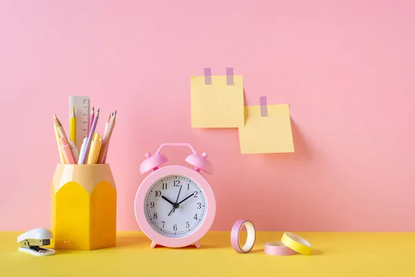 School Supplies Concept Photo Stationery Pink Alarm Clock Adhesive Tape — Stockfoto