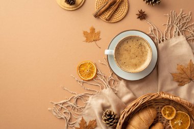 Top view photo of cup of hot drinking on saucer wicker tray with croissants dried citrus slices cinnamon sticks rattan placemat anise maple leaves plaid and pine cones on isolated beige background