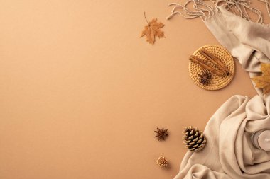 Autumn mood concept. Top view photo of cinnamon sticks anise on rattan serving mat yellow maple leaves candle pine cones and plaid on isolated beige background with empty space