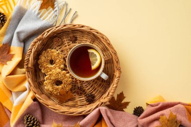 Autumn mood concept. Top view photo of wicker basket cup of tea with lemon slice cookies anise yellow maple leaves pine cones and plaid on isolated pastel beige background
