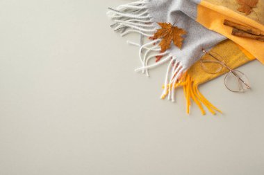 Autumn aesthetic concept. Top view photo of plaid scarf cinnamon sticks yellow maple leaves and stylish glasses on isolated grey background with copyspace