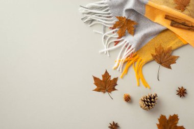 Autumn aesthetic concept. Top view photo of plaid cinnamon sticks yellow maple leaves pine cones and anise on isolated grey background with copyspace