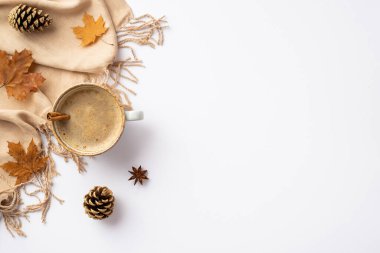 Autumn inspiration concept. Top view photo of cup of hot drinking with cinnamon stick yellow maple leaves anise pine cones and plaid on isolated white background with copyspace