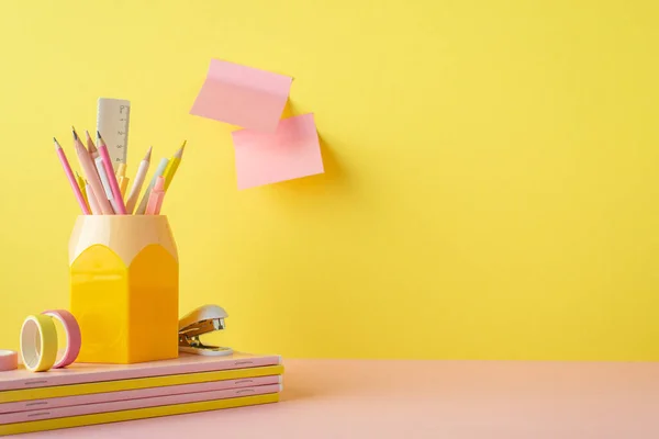 Back School Concept Photo Pink Yellow Stationery Stack Notebooks Stand — Stockfoto