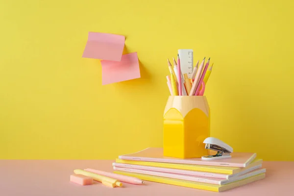 School Accessories Concept Photo Stationery Pink Desk Pencil Holder Stack — Stockfoto