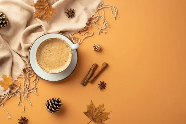 Autumn Mood Concept Top View Photo Cup Frothy Drinking Saucer — Photo