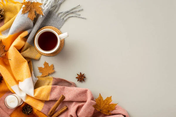 Autumn Inspiration Concept Top View Photo Cup Tea Rattan Serving — Zdjęcie stockowe