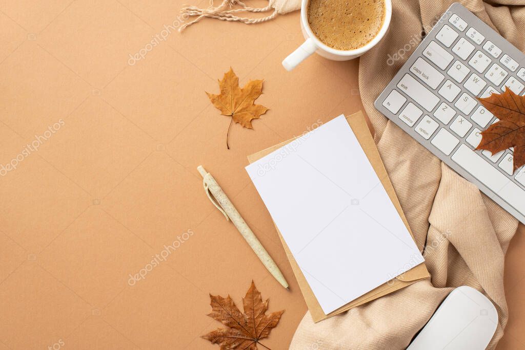 Autumn business concept. Top view photo of paper sheet envelope pen computer mouse keyboard cup of coffee fallen maple leaves and scarf on isolated beige background with blank space