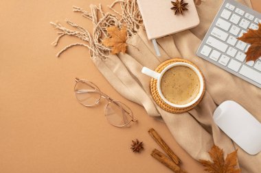 Autumn business concept. Top view photo of cup of frothy coffee rattan placemat planner computer mouse keyboard cinnamon sticks anise yellow maple leaves glasses and scarf on isolated beige background