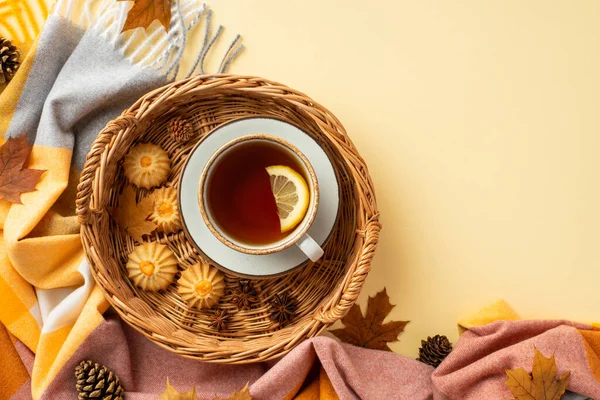 Autumn Inspiration Concept Top View Photo Wicker Tray Cup Tea — Zdjęcie stockowe